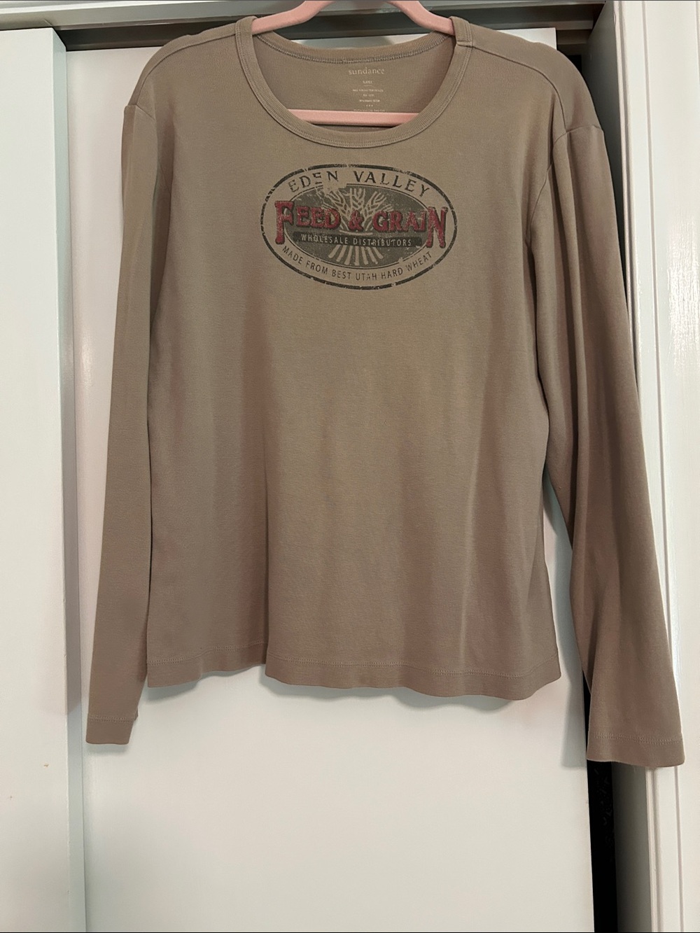 Sundance Taupe Long-Sleeve Crewneck Tee with Vintage Graphic